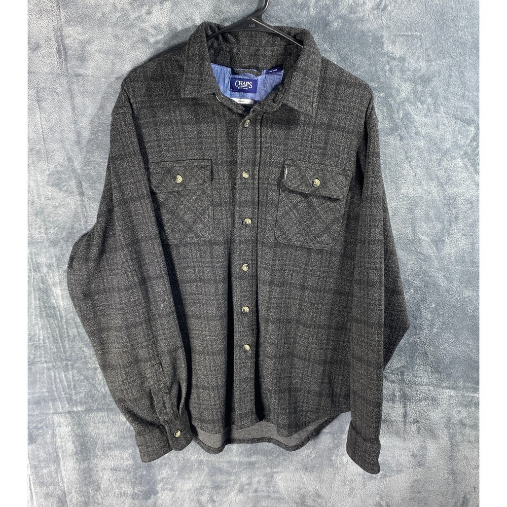 Chaps Flannel Shirt Men Large Black Plaid Button Front Casual Preppy Heavy Soft